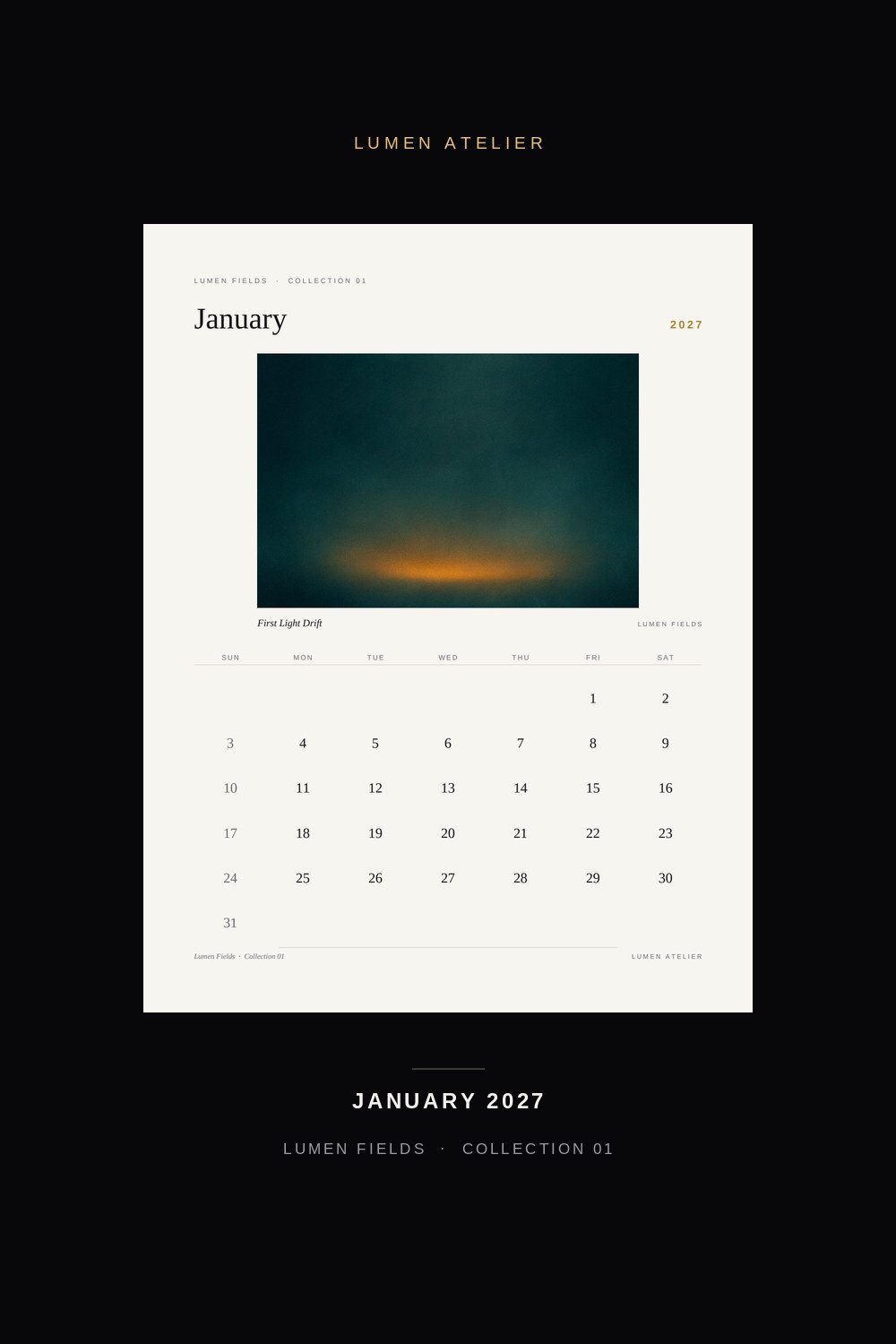 A month page of the Lumen Fields 2027 calendar: a printed month grid beneath a band of amber light drifting through dark mist